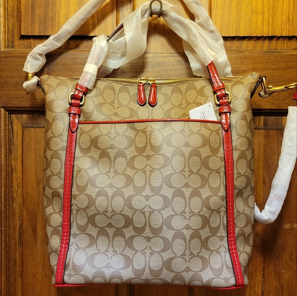 Coach Peyton Signature Convertible Shoulder Bag Tote Handbag F24601 Khaki & Red - Picture 14 of 16